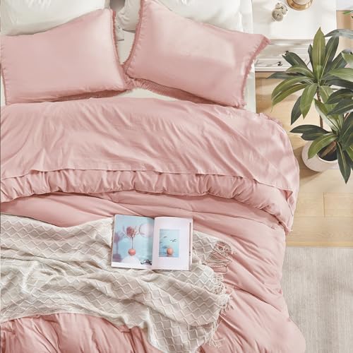 Image of Andency Pink Comforter Set Full Size for Girls, Blush Boho Women Tassel Lightweight Bedding Comforter Sets, 3 Pieces All Season Soft Fluffy Fringe Bed Set (79x90In Comforter & 2 Pillowcases)