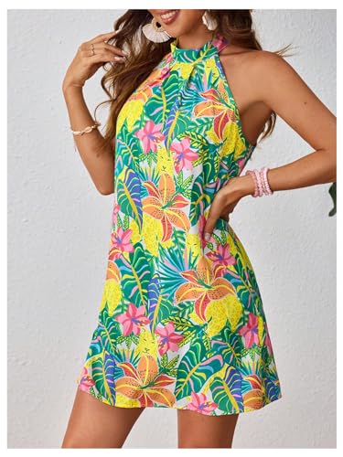 Floerns Women's Sleeveless Floral Print Sundress Halter Neck A Line Short Dress3