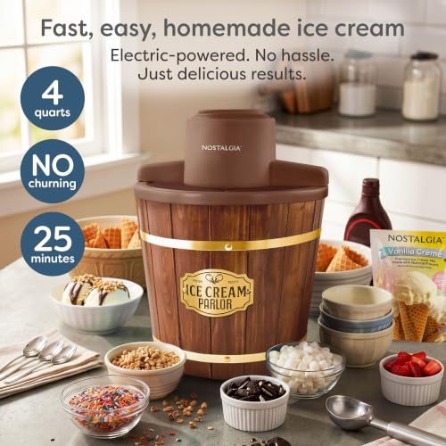 Image of Nostalgia Electric Ice Cream Maker - Old Fashioned Soft Serve Ice Cream Machine Makes Frozen Yogurt or Gelato in Minutes - Fun Kitchen Appliance - Vintage Wooden Style - Dark Wood - 4 Quart