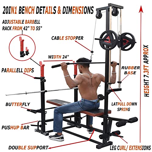 Image of HASHTAG FITNESS 20 In 1 Gym Benches For Home Gym With Latpull Down Machine Multipurpose Adjustable Workout Weight Bench For Full Body Incline /Decline Exercise For Home Gym, 250 Kg Limit, Silver