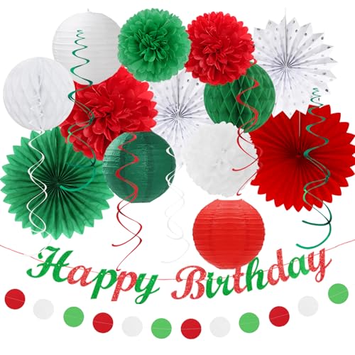 Image of Red White Green Mexican Christmas Birthday Party-Decorations - 21pcs Happy Banner,Paper Lanterns Honeycomb,Tissue Pom Poms Flower Fan,Italian Kids Classroom Hanging Streamers Garland Decor Huglony