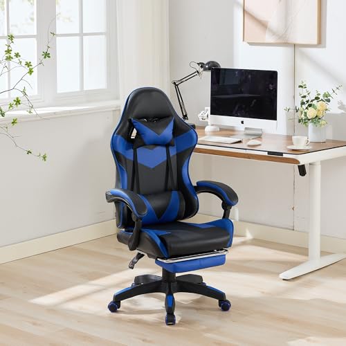Silla ergonómica giratoria de 360 °, diseño de carreras, de piel, con respaldo alto, altura regulable, con reposapiés, reposacabezas y soporte lumbar para oficina y juegos (negro y azul)