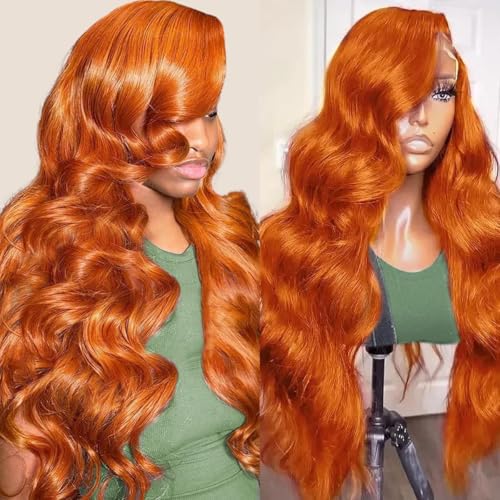 LKJY 30 Inch 13x6 Ginger Orange Wig Human Hair Body Wave Lace Front Wigs HD Glueless Frontal Wigs Human Hair Ginger Colored 350 Wavy Wigs for Women Pre Plucked Pre Cut 200% Density