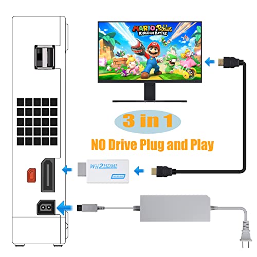 3 In 1 Wii Hdmi Adapter Wii To Hdmi Adapter For Smart Tv + Wii Power Cord Ac Adapter + 5Ft High Speed Hdmi Cable Compatible With Nintendo Wii (Not For Wii U) #TOP4