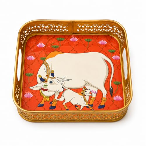 Image of Pichwai Metal 6 Inch Decorative Square Serving Traditional Art Print Tray for Return Gifts, Home Decor, Wedding, Diwali Festive Pooja & Dry Fruit Gifting (Multi Color, 6 inch)
