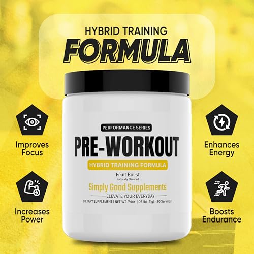 Image of Hybrid Pre Workout Powder Supplement | 250mg Caffeine | Alpha GPC | No Jitters | Energy, Focus, Power, Endurance | for Men & Women | Tried & True Ingredients | 20 Servings