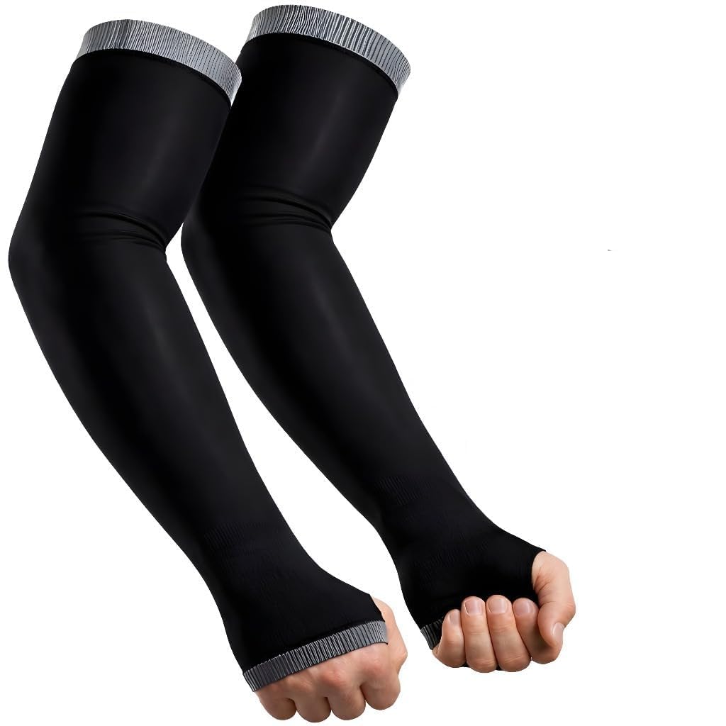 UV Protection Arm Sleeves, Black with Grey Band, Cooling Compression Cover for Cycling, Running, Outdoor Sports, 2 Pair-picture-22