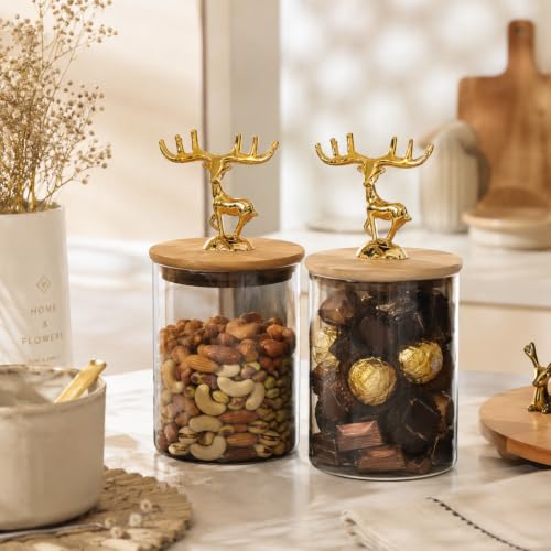 Image of bellemax 400ML Clear Glass Storage Jar With Air Tight Wooden Lids- Airtight Food Jars Glass Kitchen Containers For Pantry, Pickle Jar, Sugar Pasta Cereal Flour Sugar Storage Jar (BM-09, Set of 2)