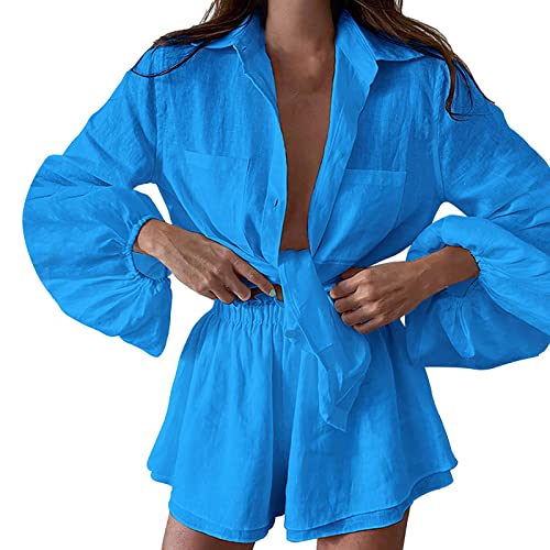 Generisch Mujer Verano Liso Encaje Manga Larga Pantalones Cortos Moda Casual Conjunto Sexy Lencería, azul, S