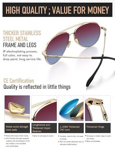 Image of LUENX Aviator Sunglasses for Women Polarized Mirror with Case - UV 400 Protection 60MM, Gradient Red and Blue Lens /Nonmirror, 60MM