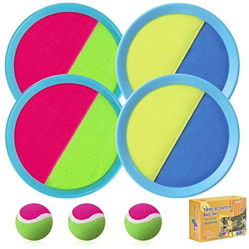 Kids Toys - Outdoor Games, Beach Toys, Toss and Ball Set with 4 Paddles and 3 Balls, Perfect Beach Games Sets Playground Sets for Backyards Easter Gifts for Kids/Adults/Family (Blue+Light Yellow)