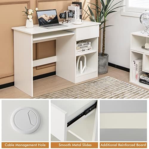 COSTWAY Computer Desk, Wooden PC Laptop Table Writing Workstation with Sliding Keyboard Tray, Drawer and Adjustable Storage Shelf, Modern Home Office Working Gaming Study Desk, White