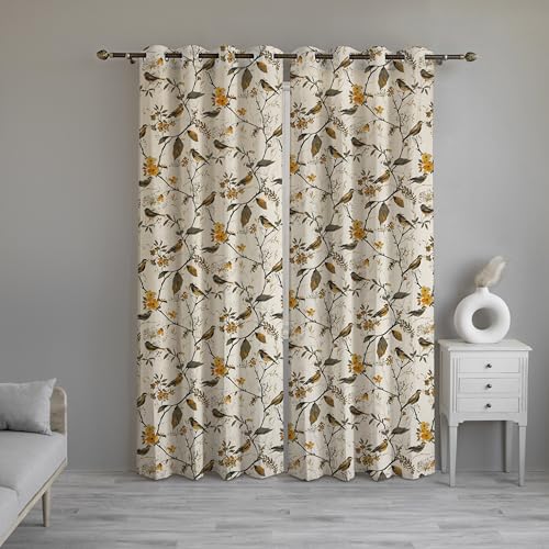 Image of LINENWALAS Decorative Printed Cotton Semi Sheer Curtains 6 Feet Long Set of 2 Panel, Eyelet Ring Hanging, Bird Printed Window Curtains for Living Room, Home Decor (L-6 x W-4.5 Feet, Birdie Bliss)