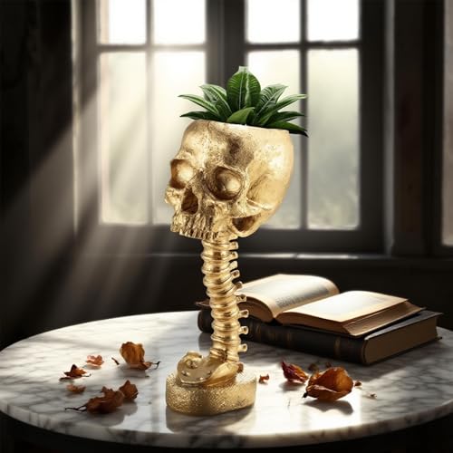 LuckyEra Skull Planter Gothic Skull Vase Resin Skulls Bowl with Spine Stand Spooky Halloween Skeleton Tall Planters Centerpiece for Gothic Home Decor Flower Pot Candy Bowl
