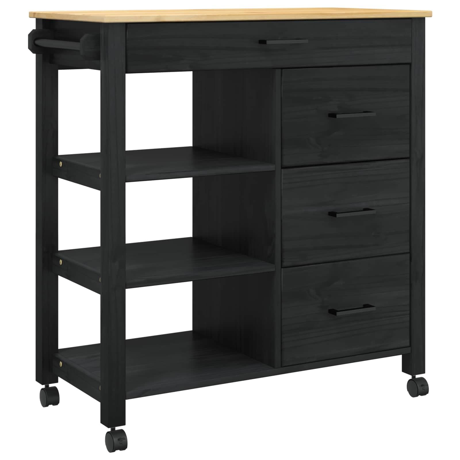 Chariot de Cuisine en Pin Massif Noir 84x40x88,5 cm avec Roulettes