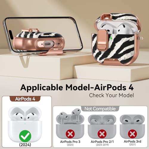 Image of for AirPod 4 Case, with Safty Lock & Phone Stand for Floral AirPod 4 Generation Case Cover for Women Girly, iPod 4 Cases with Keychain & Cleaner Kit -Black+ White Zebra