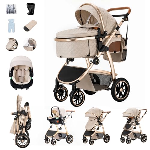 Zkiprm 3-in-1 Travel System, Baby Pram with Adjustable Armrests, Newborn Pram Set with Seat, Portable Folding Baby Stroller | High Aluminum Frame | Complete Accessories | for 0-4 Years （Biege）