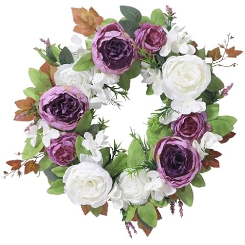 LASPERAL Peony Wreath for Front Door, 15 Inch Artificial Spring Summer Flower Door Wreath Decorative Floral Wreath for Outdoor Wedding Wall Window Decor Cover
