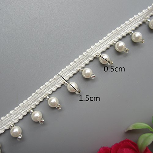 2 Meters Pearl Bead Tassel Fringe Lace Edge Trim Ribbon 1.5 Cm Width Vintage Style White Edging Trimmings Fabric Embroidered Applique Sewing Craft Wedding Bridal Dress Sash Belt Headwear Clothes Decor #TOP1
