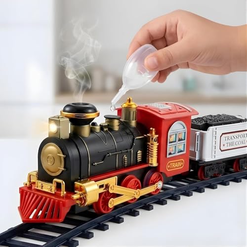 Image of Crackles Light and Sound with Smoke Effect Big Size Classic Vintage Locomotive Engine Toty Train Track Sets, Battery Powered Play Set Toy for Kids, Gifts for Boys & Girls 3 4 5 6 7 8 Years Olds