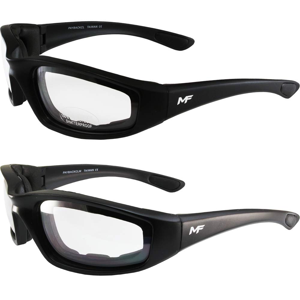 MotoFrames2 Pair Payback Motorcycle Glasses Black Frame Clear & Clear Mirror Lens