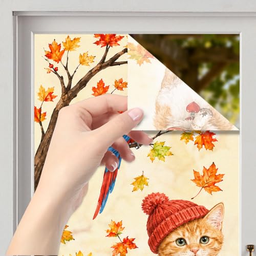 Image of Nuxovilar Fall Window Cling 17.7 x 39.4 in, White Frosted Corgi Cat | White frosted PVC helps obscure views for added privacy, with a corgi, kitten, parrot, sunflowers and colorful autumn leaves.