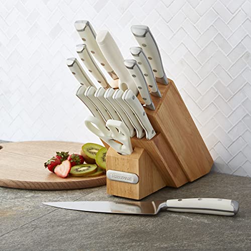 Farberware 15-Piece Forged Triple Rivet Knife Block Set, High-Carbon Kitchen Knife Set With Ergonomic Handles, 15-Piece Set, Razor-Sharp Knife Set, White #TOP5