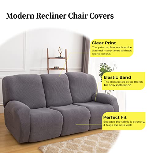 Figooo Recliner Sofa Covers 3 Seat Stretch Reclining Couch Covers For 3 Cushion Couch Recliner Set Non Slip 8-Piece Jacquard Recliner Couch Sofa Cover Furniture Protector With Pockets,Dark Grey #TOP3