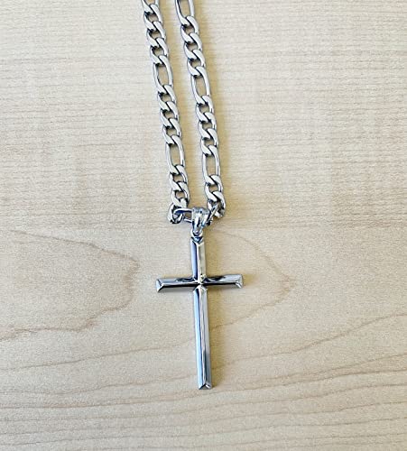 14K White Gold FIGARO Chain CUBAN LINK Style Cross Pendant Necklace Solid plated Clasp for Men, Husband Father Miami Cuban Link Diamond Cut Religious Beveled Edge3