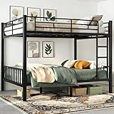 Mixcous Queen Over Queen Bunk Bed for Adults & Teens, Heavy Duty Metal Bunk Bed with EVA Anti-Slip Ladder & Full-Length Guardrails, Noise-Free Queen Bunk Bed Frame with Under-Bed Storage, Black