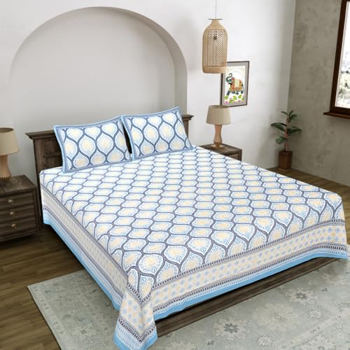 Image of Living Roots Jaipuri Hand Block Print Double Cotton Bedsheet & 2 Pillow Covers, for Mattress Upto 8 inches Thick, No Colour Bleeding, Blue Colour, Super King Size 96 * 104 inches, 150TC (575-C)