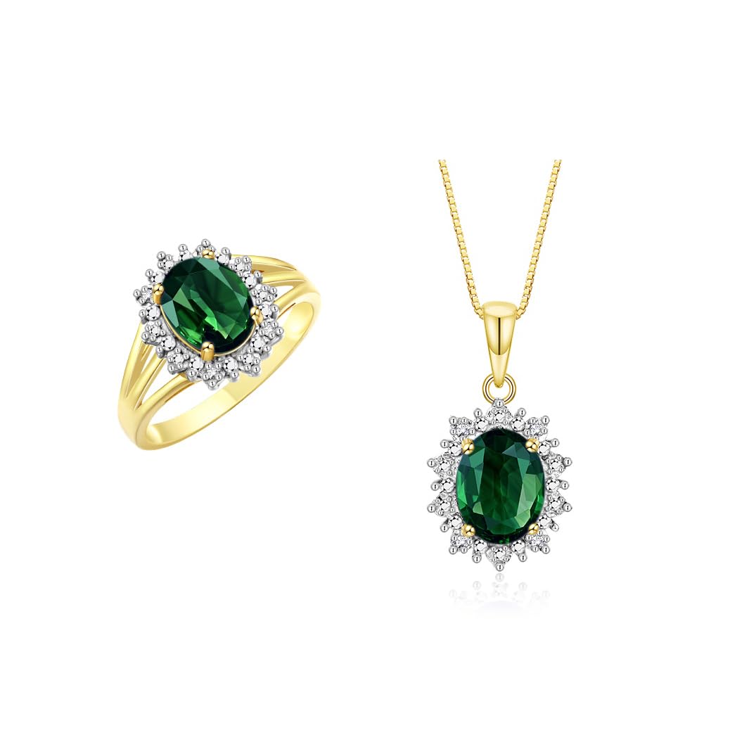 Rylos Women's Yellow Gold Plated Silver Princess Diana Ring &amp; Pendant Set. Gemstone &amp; Diamonds, 9X7MM Birthstone. Matching Friendship Jewelry, Sizes 5-10.