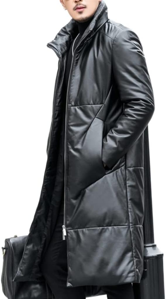 LLeather Down Jacket Men's Long Knee-length Leather Windbreaker Thickening Warm