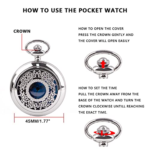 Tiong Quartz Pocket Watch Hollow Steampunk Blue Star Design Roman Numerals Pocket Watch with Chain Christmas Gifts - Image 6