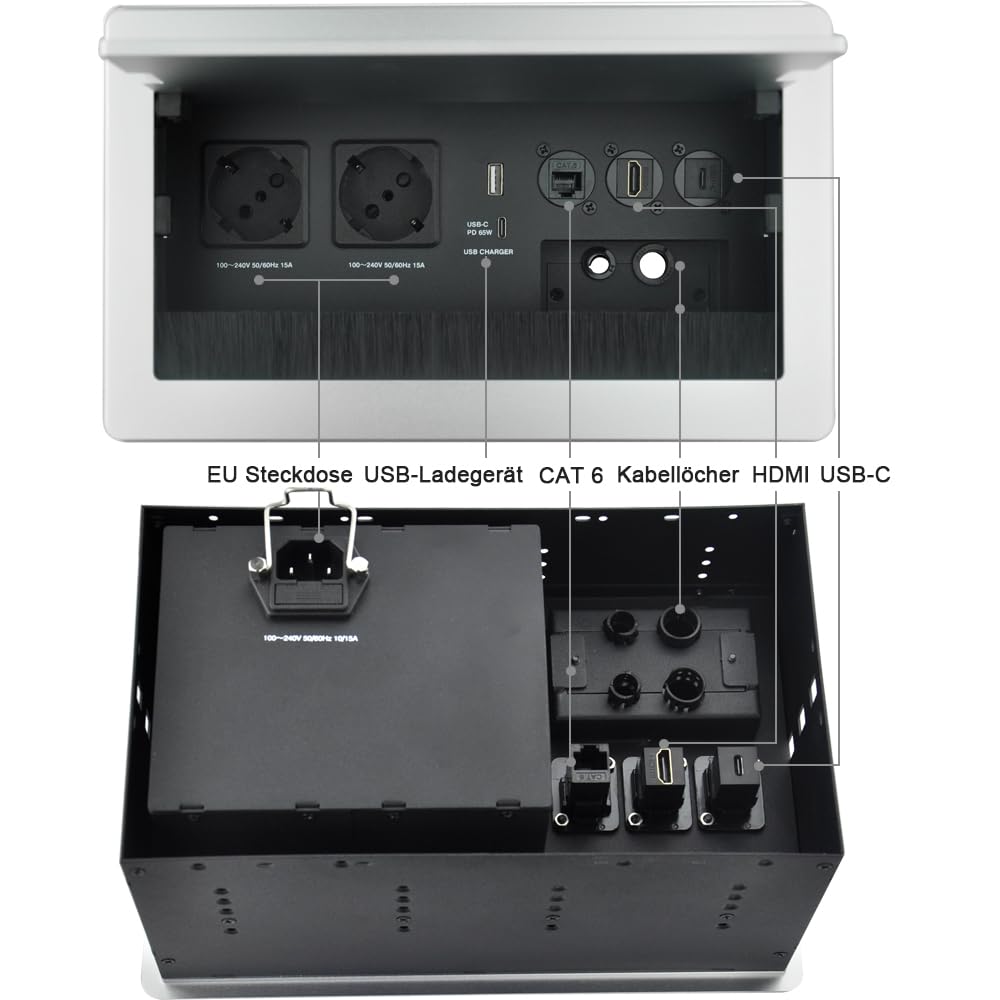 Gniazdko stołowe, aluminiowa listwa zasilająca, 2 x gniazdo Schuko, 1 x ładowarka USB-A+C (PD 65 W), 1 x kabel CAT6, 1 x HDMI, 1 x USB-C, 1 x kabel zasilający 1,7 m, 4 x uchwyt kablowy, gniazdo