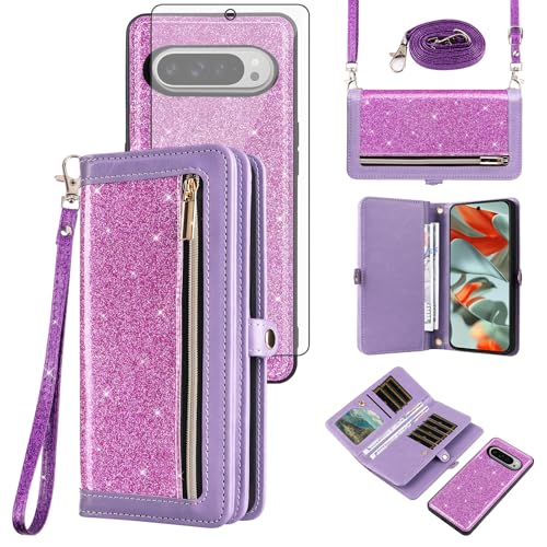 Coque Pixel 9 Pro XL avec portefeuille à paillettes pour sorties et shopping