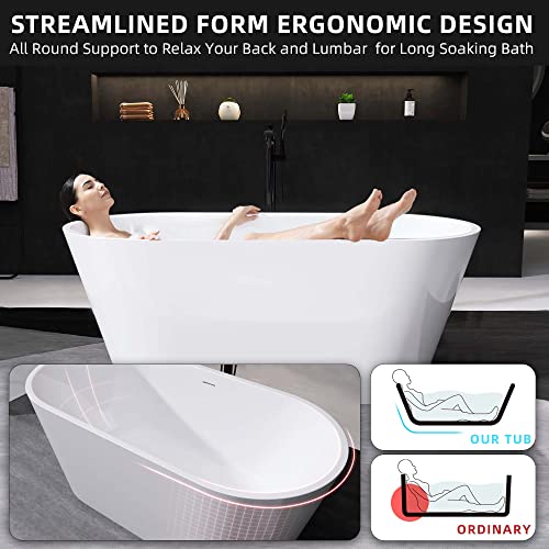 Getpro Acrylic Freestanding Bathtub 59'' Classic Oval Shape Soaking Tub Adjustable Free Standing Tub With Integrated Slotted Overflow And Chrome Pop-Up Drain Anti-Clogging Glossy White #TOP2