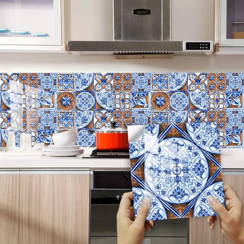 Papel pintado autoadhesivo azul y marrón de 15x15 cm para renovar azulejos de cocina 2