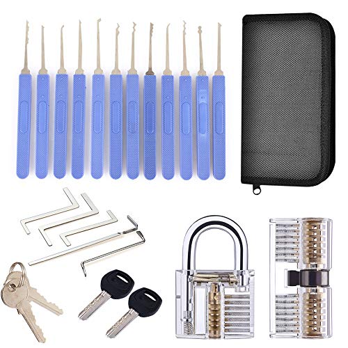 Loboo Idea Juego de 17 ganzúas con 2 unidades de candados transparentes de entrenamiento y tarjeta de crédito Kit de herramientas de recogida + guía para cerrajeros principiantes y profesionales