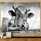 Western Country Cow Print Tapestry Wall Hanging, Cute Farm Animals Cattle Wooden Fence Farmhouse Wall Art Tapestries, Rustic Grey Tapestry Wall Blanket for Home Dorm Bedroom Living Room Office