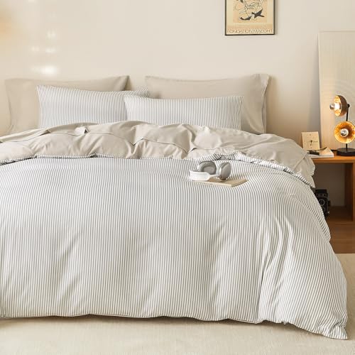 Wake In Cloud - Striped Cotton Duvet Cover Set, Ticking Stripe Pinstripe Farmhouse, 100% Cotton Bedding Set, 3 Pieces, Light Brown White, Queen Size