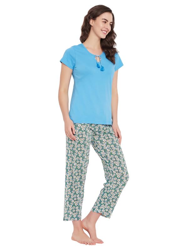Image of Clovia Women's Cotton Printed Top & Pyjama Set - Blue