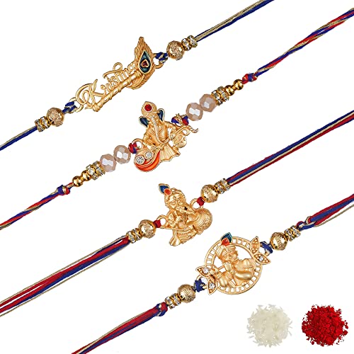 Image of eCraftIndia Set of 4 Golden Laddu Gopal, Lord Krishna Playing Flute, Lord Ganesha, and Shivling Religious Rakhis with Green Red Threads, and Roli Chawal Pack