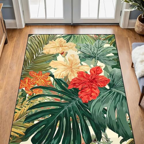 DJNEAR Tropical Floral Area Rug 3 x 5 Hawaiian Plant Carpet for Kids Bedroom Living Room Nursery Jungle Palm Leaf Hibiscus Floor Mat Non-Slip Doormat Carpet Home Decor