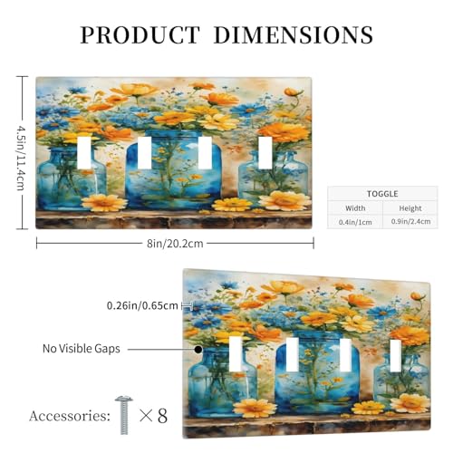 Decorative Switch Covers Plate Rustic Yellow Flowers Floral Blue Bottles 4 Gang Wall Plate Oversized Quad Toggle Light Switch Plate Jumbo Faceplate for Country Bedroom Home Decor