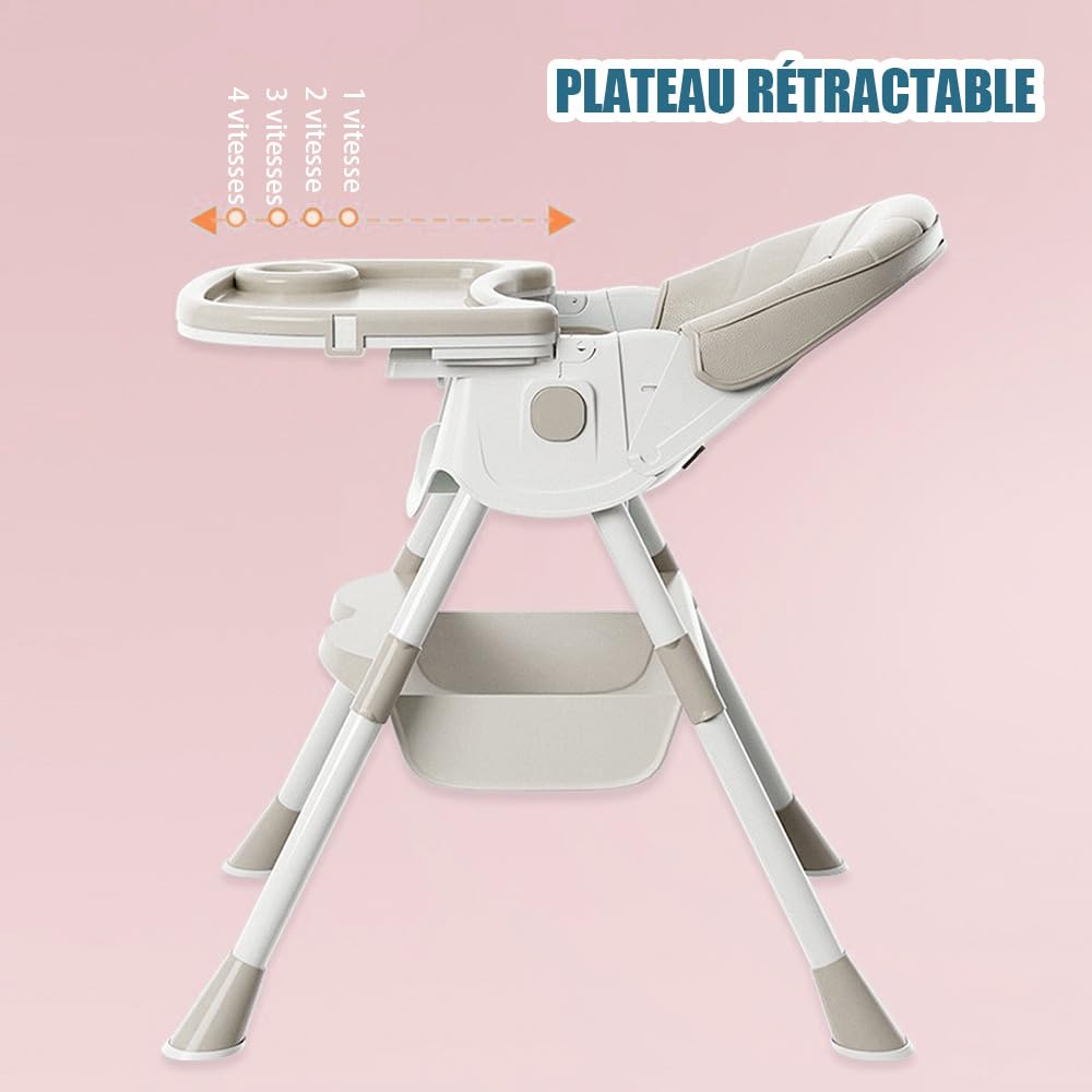 Chaise Haute Bébé – Chaise Enfant Pliable avec Plateau Détachable, Chaises à manger pour enfants avec Fonction d'Inclinaison Réglable et Table, Convient de 6 mois à 3 ans (6 en 1-Beige)
