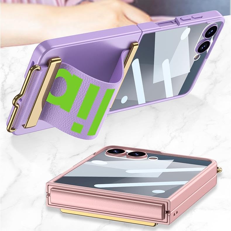 Fold Phone Case for Samsung Galaxy Z Flip 7, Retractable Leather wriststrap, Built-in Glass Screen Protector, Protective Shell for Flip7 (Pink,Samsung Galaxy Z Flip7)