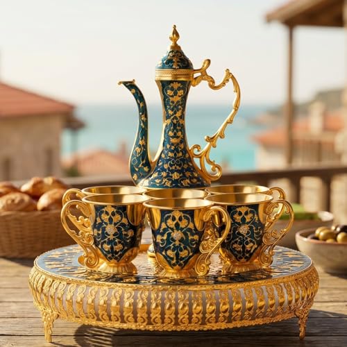 Vintage Extra Large Turkish Coffee & Tea Pot Set for 6 by Gute with Large Crystal Tray & Teapot Gold with Shiny Crystal (Blue) 480ml - 6 Vintage Moroccan Tea Glasses 230ml Teacups Gold by GUTE - Image 5