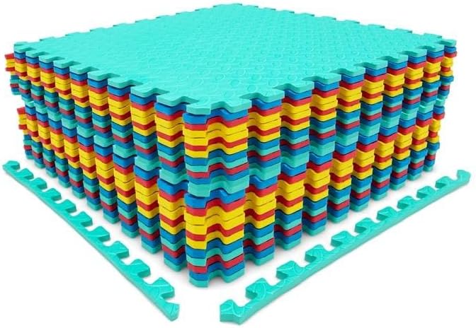 ReunionG 12 Tiles Flooring Mats, Interlocking EVA Foam Exercise Mats, Protective Exercise Floor Mats with Border, Non-Slip 1/2” Elastic Puzzle Mats for Home Gym, Exercise Room, Pilate, Yoga, Colorful