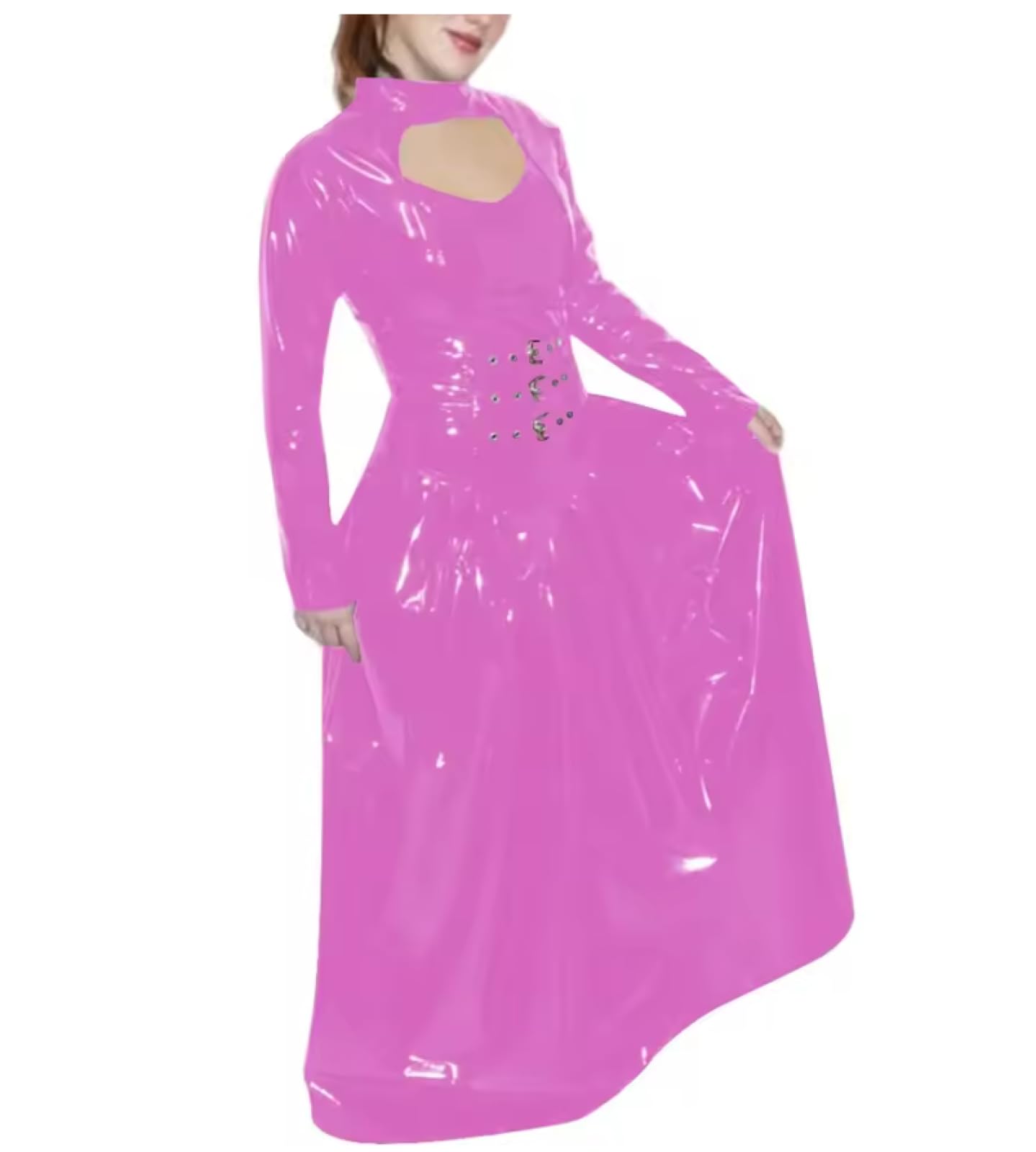 Plus Size Pieghettato A-Line Abiti per Donna Dolcevita Caviglia Caviglia Lunghezza PVC Pelle Cocktail Party Maxi Abito Personalizzabile